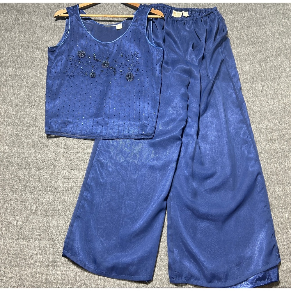 Victorias Secret Pajama Set ML Vintage Blue Tank Pants Sheer Beaded Coquette